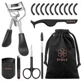 DYSILK Eyelash Curler Kit 7 in 1 Upgraded Designed Fit All Eyes Include Mini Eyelash Curler Lashes Eyebrow Brush and Tweezers Extension Tweezers Scissors Rubber pad|With Flannel Bag