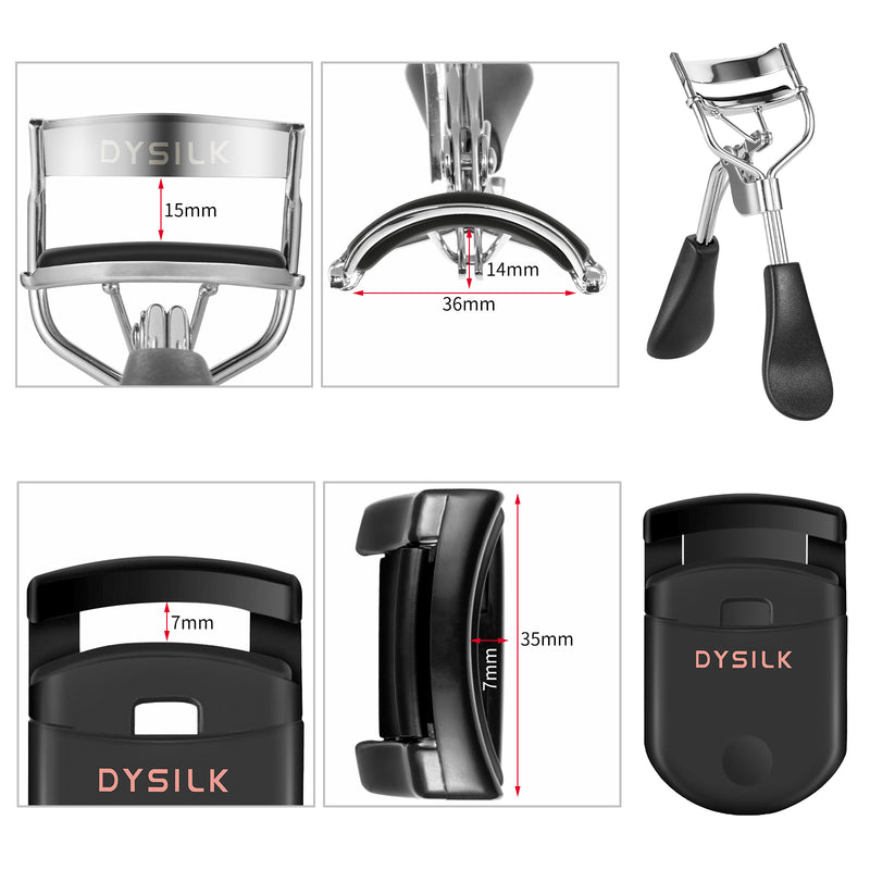 DYSILK Eyelash Curler Kit 7 in 1 Upgraded Designed Fit All Eyes Include Mini Eyelash Curler Lashes Eyebrow Brush and Tweezers Extension Tweezers Scissors Rubber pad|With Flannel Bag